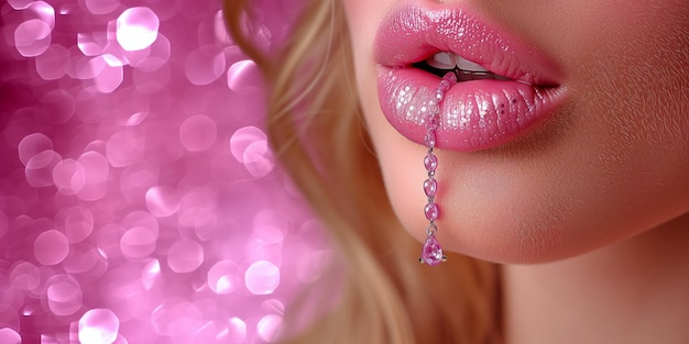 Foto primer plano de la mujer con lápiz labial rosa
