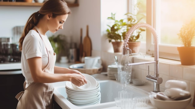 Foto primer plano de una mujer lavando platos en la cocina