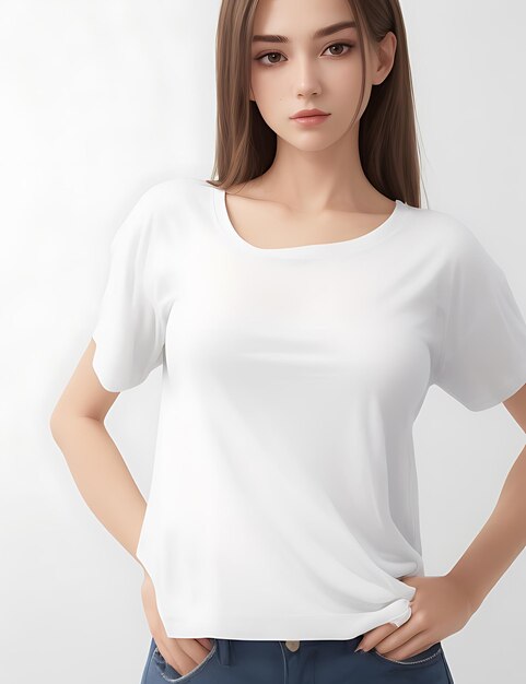 Primer plano de mujer en maqueta de camiseta blanca en blanco