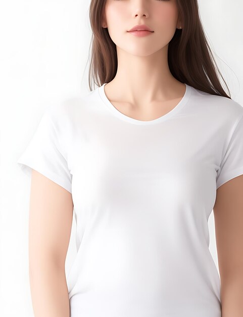 Foto primer plano de mujer en maqueta de camiseta blanca en blanco