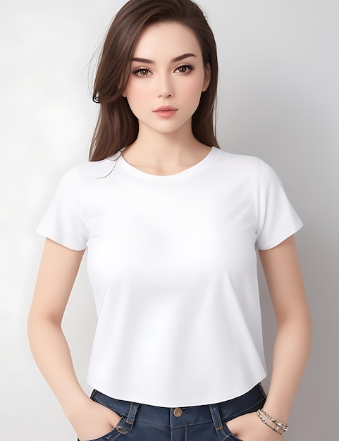 Primer plano de mujer en maqueta de camiseta blanca en blanco