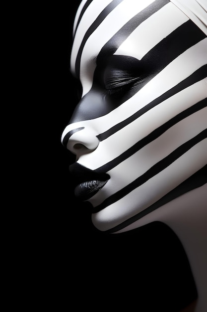 un primer plano de una mujer con maquillaje negro, arte digital, su rostro separado por una franja blanca y negra