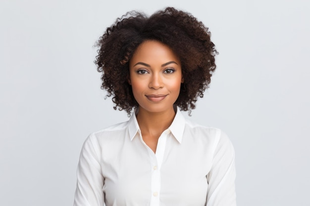 Un primer plano de una mujer de negocios afroamericana en un fondo claro