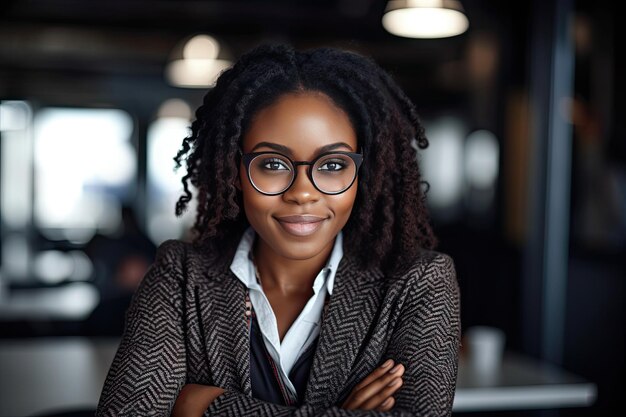 Primer plano de una mujer de negocios feliz mirando la cámara y sonriendo en la oficina Empresaria afroamericana en la oficina mujer de negocios Generada con IA