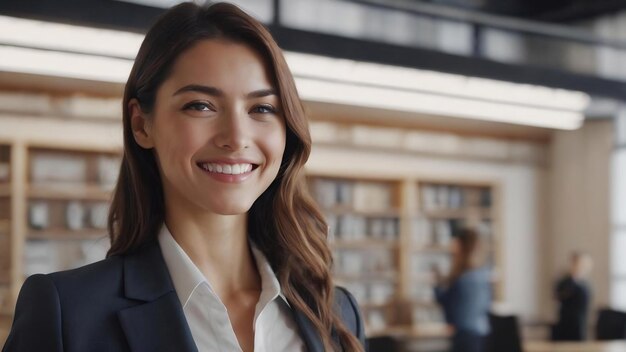 Primer plano de una mujer de negocios sonriente apuntando hacia arriba