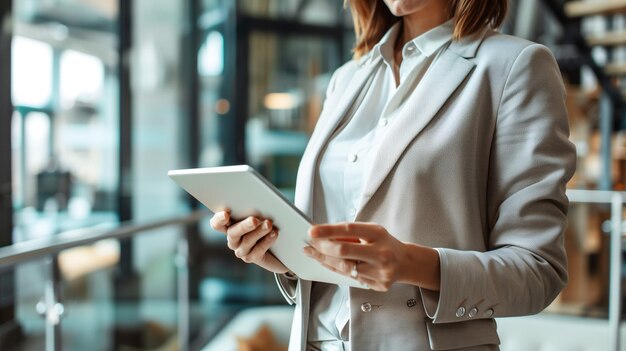 primer plano de una mujer de negocios trabajando con una tableta en la oficina