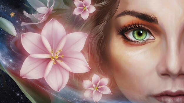 Un primer plano de una mujer con ojos verdes y una flor rosa en el espacio