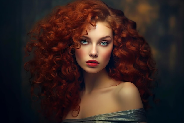 Primer plano de una mujer pelirroja con ojos azules y cabello rojo rizado IA generativa