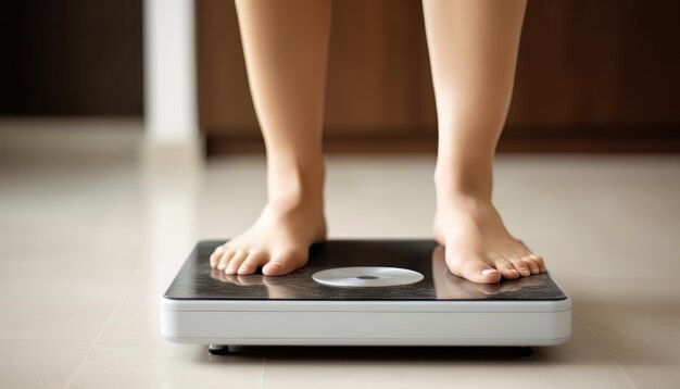 Primer plano de una mujer de pie en una balanza de peso Concepto de pérdida de peso