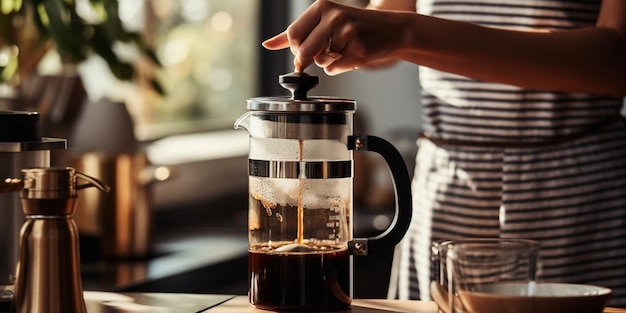 Primer plano de una mujer sirviendo café en una taza de la prensa francesa IA generativa