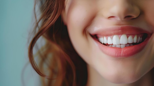 Primer plano de una mujer sonriendo alegremente mostrando dientes sanos perfectos para conceptos dentales y de felicidad sonrisa radiante capturada en luz suave IA