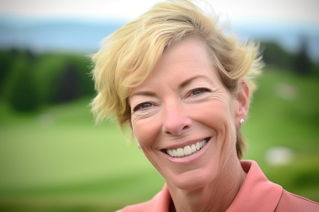 Primer plano de una mujer sonriendo a la cámara con un campo de golf en segundo plano