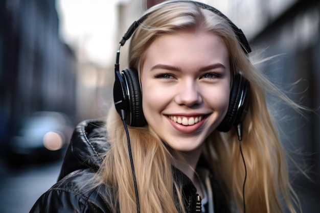 Primer plano de una mujer sonriendo mientras usa auriculares creados con IA generativa