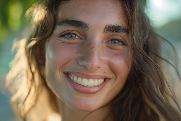 Un primer plano de una mujer sonriente de cabello largo