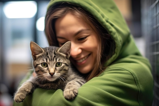 Un primer plano de una mujer con una sonrisa amable que acuna a un gato recién adoptado en sus brazos en un refugio de animales IA generativa