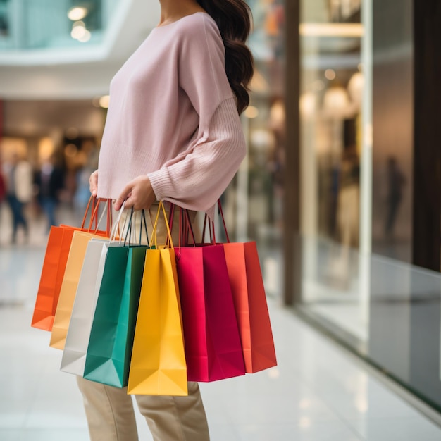 Primer plano de una mujer sosteniendo bolsas de compras.