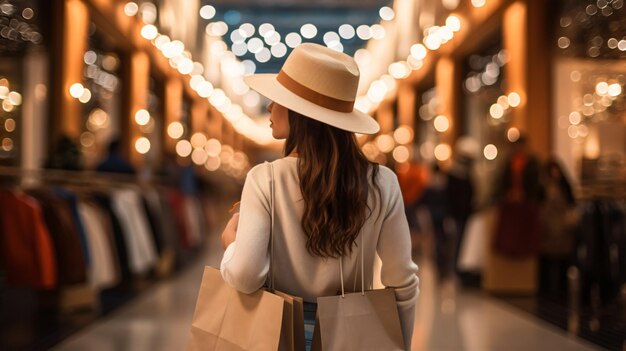 Primer plano de una mujer sosteniendo bolsas de compras.