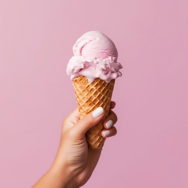 Primer plano de una mujer sosteniendo un cono de galleta con un delicioso helado sobre fondo rosa claro IA generativa
