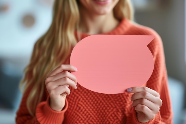 Primer plano de una mujer sosteniendo una tarjeta en forma de una gran burbuja de habla IA generativa