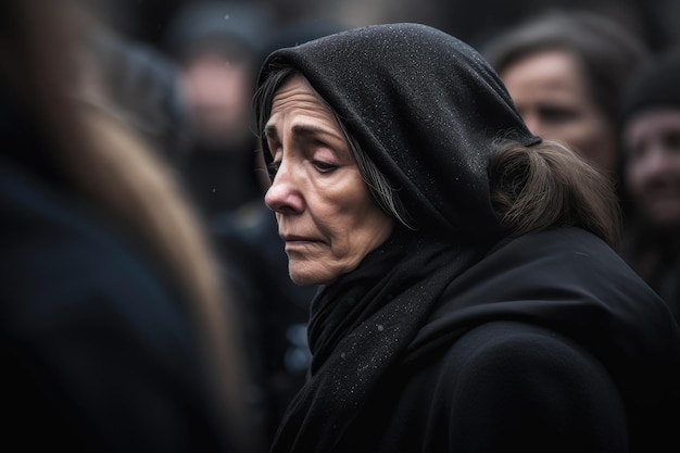 Un primer plano de una mujer triste junto a la tumba durante un funeral IA generativa