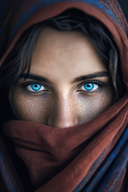 primer plano de una mujer velada con ojos azules, ai creativa