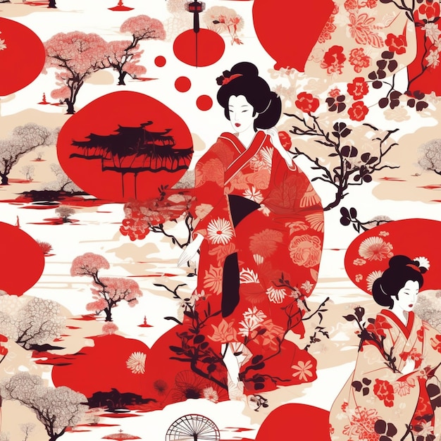 Un primer plano de una mujer en un vestido de kimono con un ai generativo de fondo rojo