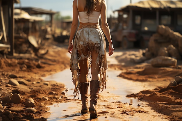 Primer plano de una mujer con un vestido marrón y botas de vaquero caminando por el campo