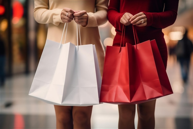 Un primer plano de mujeres con bolsas de papel caminando en un centro comercial.