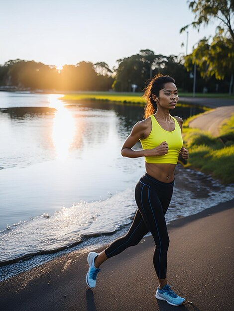 un primer plano de mujeres corriendo por la mañana en el lado del río carretera ai imagen generada