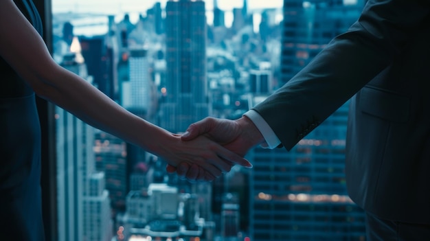 Primer plano de mujeres y hombres socios de negocios firmando un acuerdo exitoso en una oficina de rascacielos CEO y gerente de inversiones estrechan la mano en una oportunidad financiera