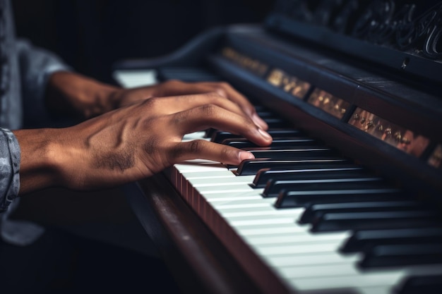 Primer plano de mujeres manos masculinas músico afroamericano talentoso maestro de música tocando el piano dedos