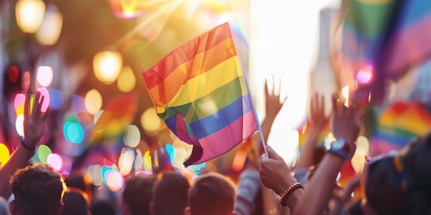 Primer plano de la multitud agitando banderas arco iris en el desfile del orgullo gay con un fondo de profundidad borrosa y efecto bokeh