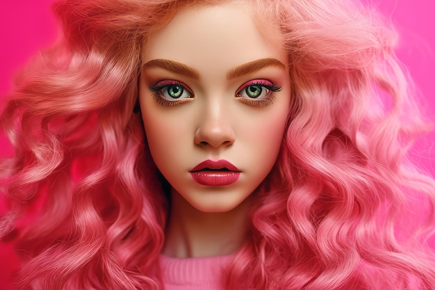 Primer plano de la muñeca barbie con cabello rosado y maquillaje de ojos rosados IA generativa