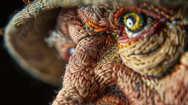 Un primer plano de una muñeca hecha a mano con un enfoque en el ojo La muñeca está hecha de hilo y tiene un aspecto realista
