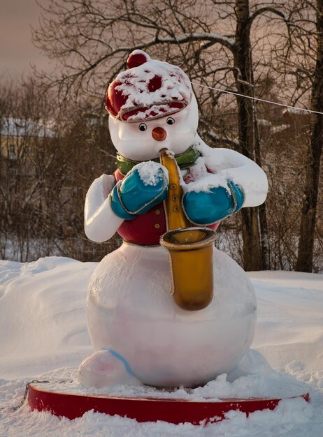 Primer plano del muñeco de nieve en la nieve