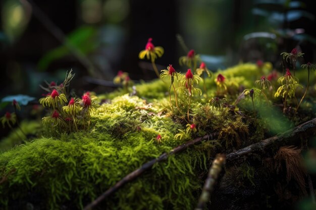 Primer plano de musgo en el bosque con un toque de color de flores silvestres