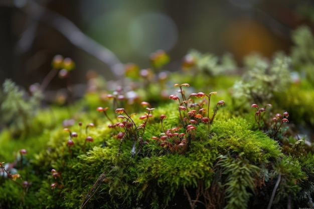 Primer plano de musgo en el bosque con un toque de color de flores silvestres