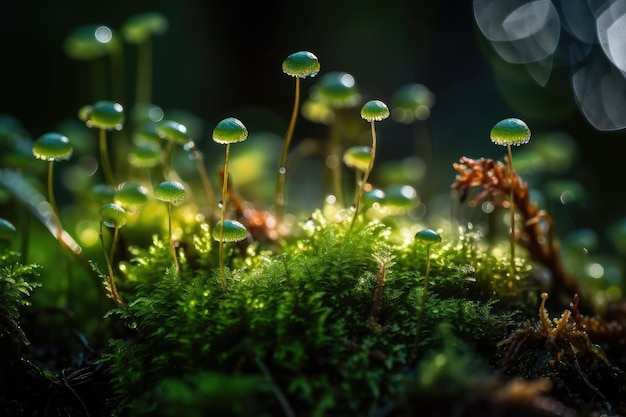 Primer plano de musgo con gotas de rocío en el bosque