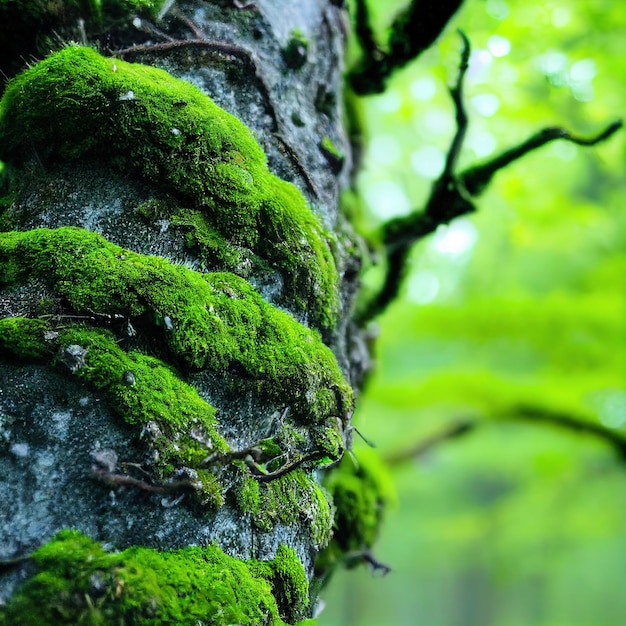 Primer plano de musgo verde en la corteza del tronco de un árbol