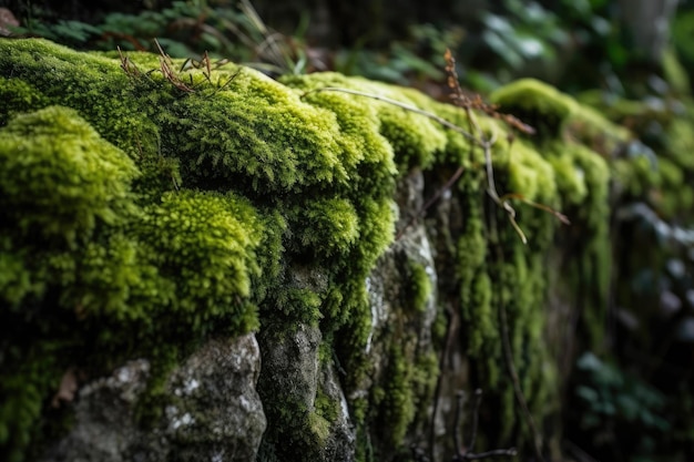 Primer plano de musgo verde en el muro de piedra creado con ai generativo