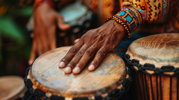 Primer plano de un músico tocando la batería del bongo