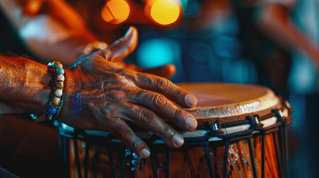 Primer plano de un músico tocando el bongo