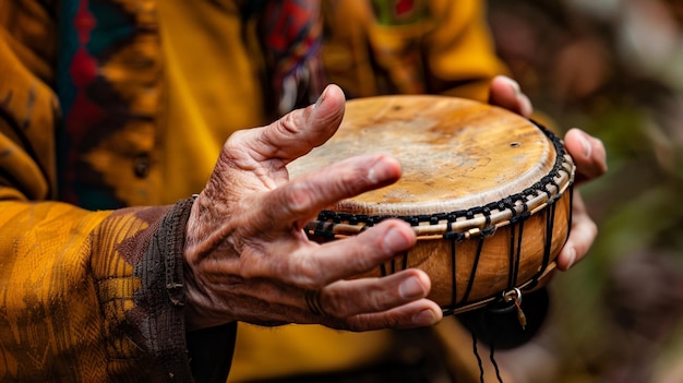 Foto primer plano de un músico tocando la pandereta en el escenario