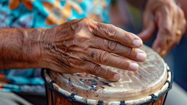 Primer plano de un músico tocando la pandereta y una mujer tocando el tambor