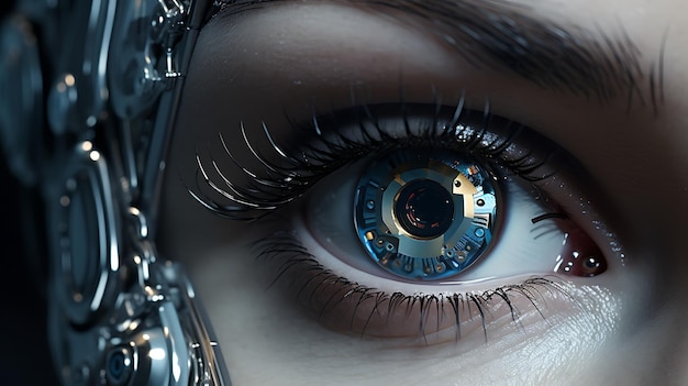 Un primer plano muy realista de una IA robótica en sus pupilas se refleja en una nave espacial