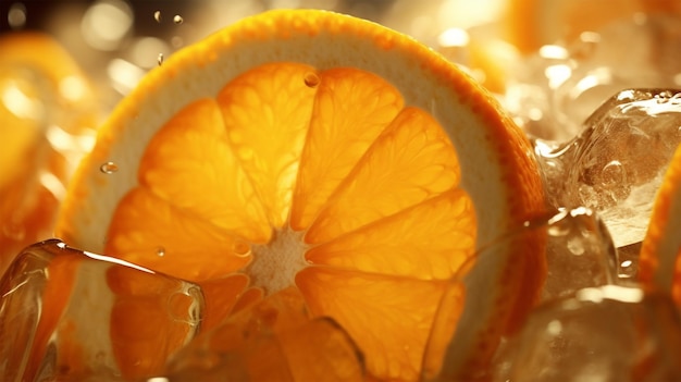 primer plano de naranja con agua helada