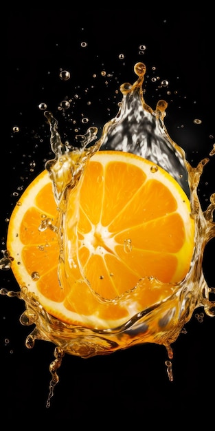 Primer plano de naranja con agua salpicando de lado IA generativa