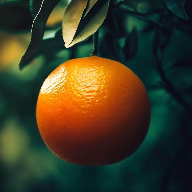 Un primer plano de una naranja en un árbol con hojas y un fondo verde.