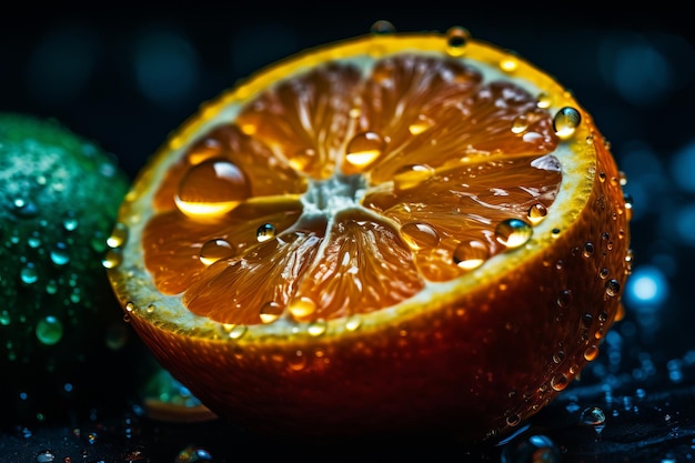 Un primer plano de una naranja con gotas de agua sobre ella
