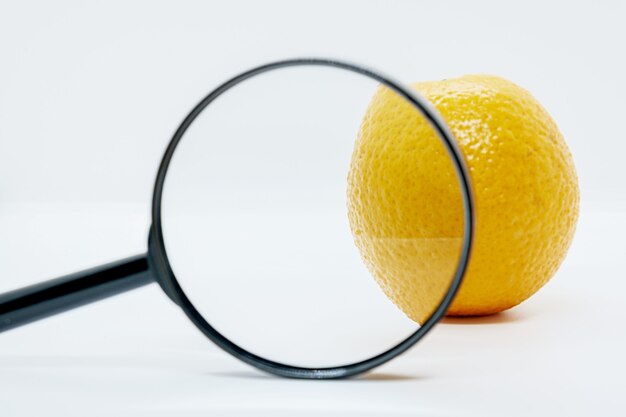 Foto primer plano de una naranja bajo una lupa. concepto creativo anticelulítico.